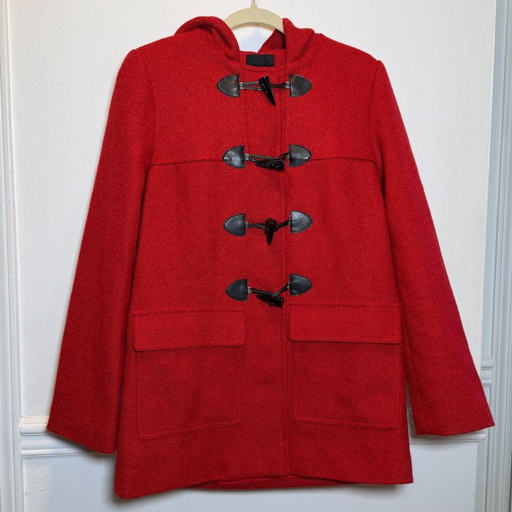 Classic Retro Mod Preppy Toggle Duffle Coat Forever 21 Wool Blend Red Hooded L